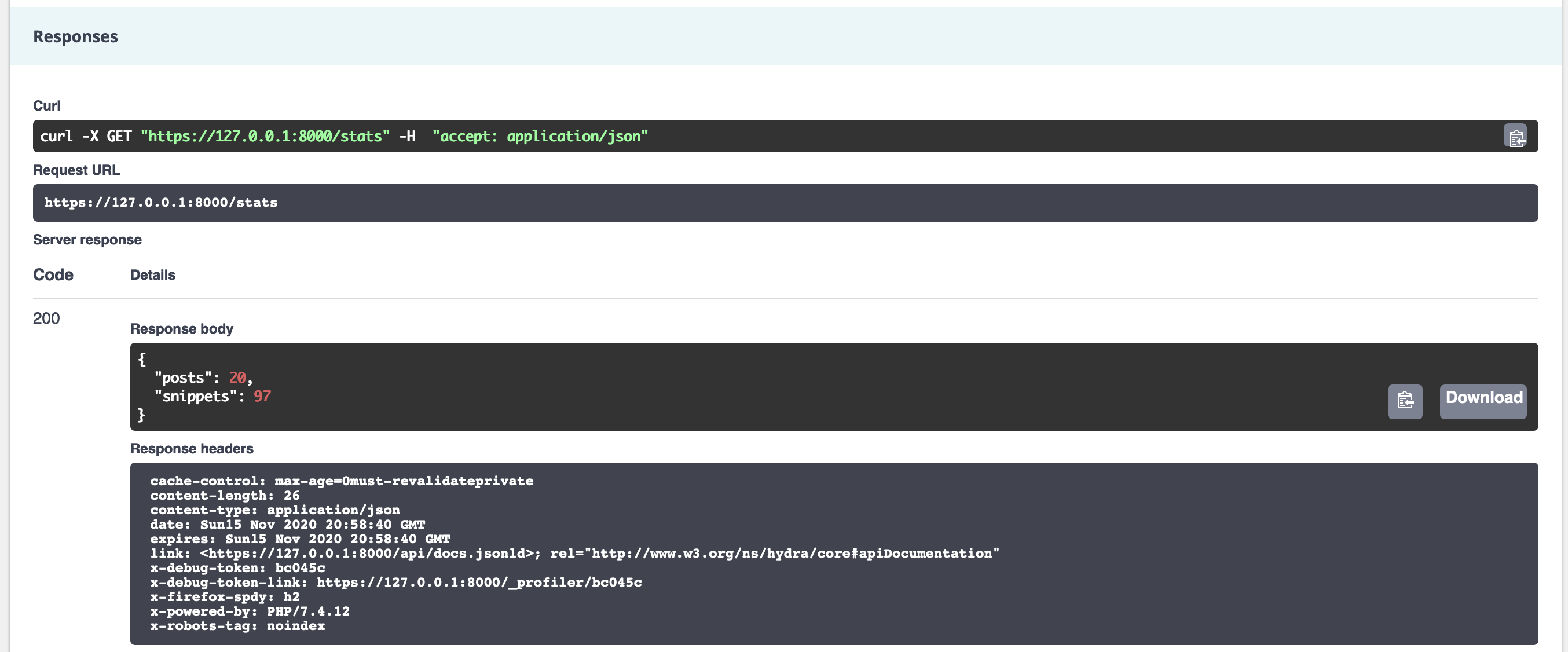 Sortie du point d'accès des statistiques dans l'interface OpenApi