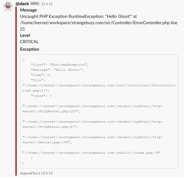 A Symfony exception displayed in Slack