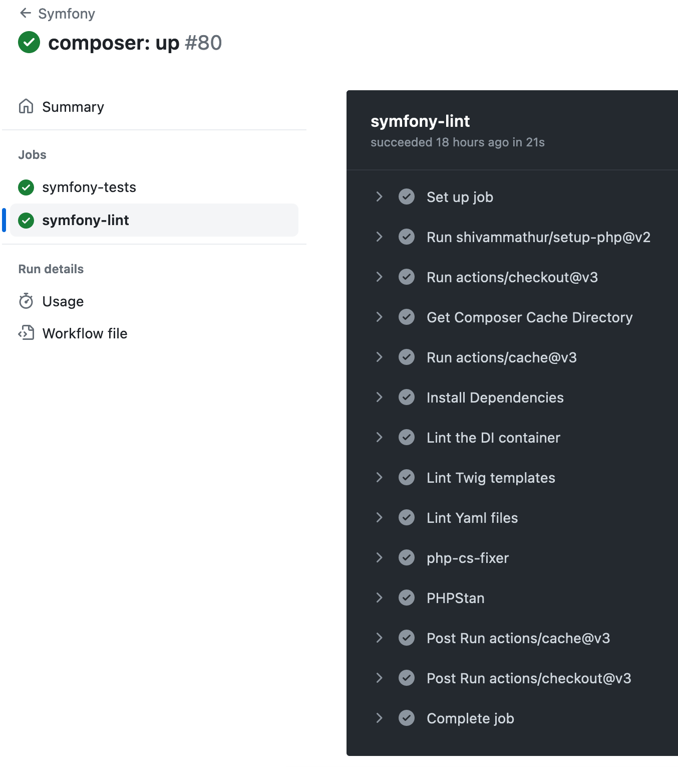 GitHub actions lint/cs/statis analysis logs