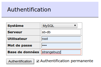 The adminer login form