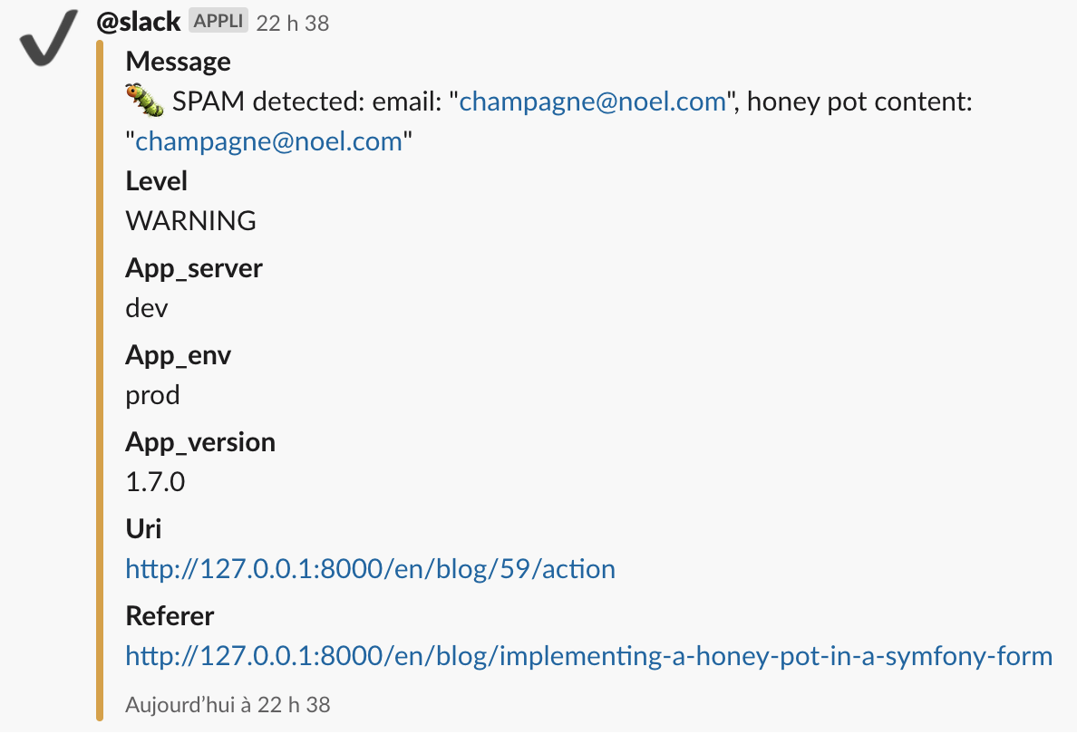The slack notification I receive when the honeypot contains something.