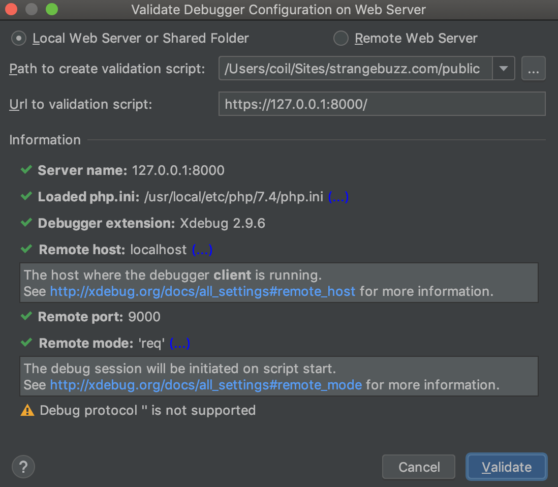 Validation of the web server debug configutation in PHPStorm