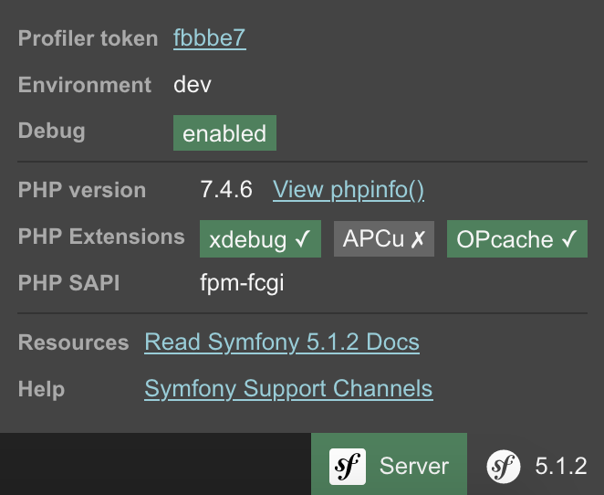 The Symfony debug bar shows that Xdebug is activated.